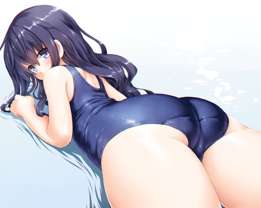 1girl akatsuki_(kantai_collection) ass back blanket blue_swimsuit blush dd_(ijigendd) kantai_collection long_hair looking_at_viewer looking_to_the_side lying messy_hair old_school_swimsuit on_bed on_stomach one-piece_swimsuit purple_hair school_swimsuit simple_background smile solo swimsuit violet_eyes white_background