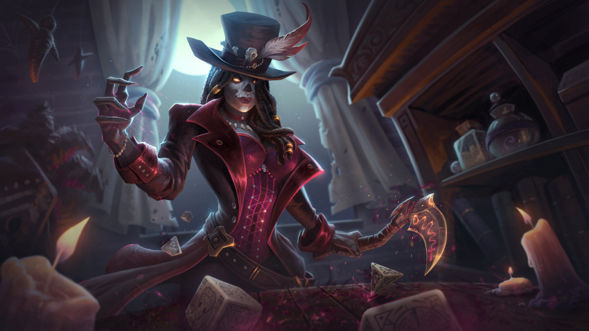 1girl alternate_costume belt black_hair bottle bracelet breasts candle cleavage curtains dark_skin dice facial_tattoo feathers glowing glowing_eyes hairlocs hat highres izanami_(smite) jewelry long_hair necklace official_art potion sickle simon_eckert smite solo tattoo voodoo voodoo_doll yellow_eyes