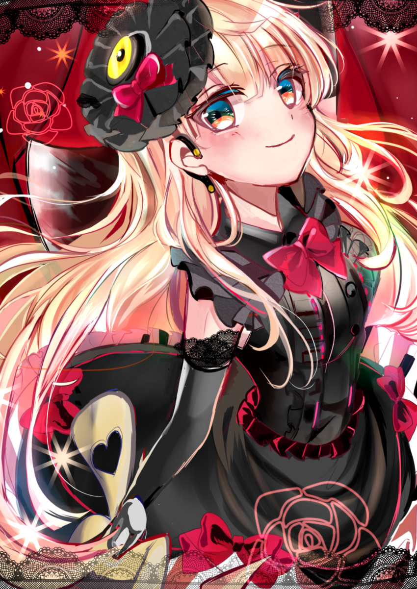 1girl arm_up black_dress blonde_hair blush bow bowtie detached_sleeves dress floating_hair gothic_lolita hair_ornament heart heart-shaped_pupils highres lolita_fashion long_hair looking_at_viewer mayu_(vocaloid) raiyo_(pixiv16261673) red_bow red_eyes short_dress sleeveless sleeveless_dress smile solo symbol-shaped_pupils very_long_hair vocaloid