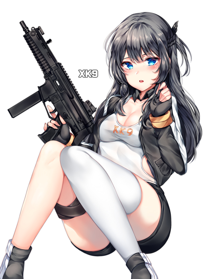 1girl absurdres ass bangs black_collar black_gloves black_hair black_shorts blush braid breasts character_name cleavage daewoo_xk9 detached_collar eyebrows_visible_through_hair fingerless_gloves french_braid girls_frontline gloves gun hair_between_eyes hair_ornament hand_up highres holding holding_gun holding_weapon jacket long_hair long_sleeves medium_breasts open_clothes open_jacket open_mouth original painteen playing_with_own_hair shoes short_shorts shorts sidelocks simple_background single_thighhigh skindentation submachine_gun tank_top tareme thigh-highs thigh_strap thighs weapon white_background white_legwear white_tank_top