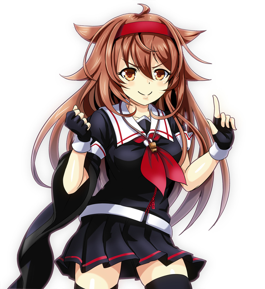 1girl black_blouse black_legwear black_serafuku black_skirt blouse breasts brown_eyes brown_hair hair_flaps hairband highres kantai_collection long_hair medium_breasts mismatched_sleeves neckerchief pleated_skirt red_hairband red_neckwear remodel_(kantai_collection) sailor_collar school_uniform serafuku shiratsuyu_(kantai_collection) simple_background skirt solo thigh-highs tk8d32 whistle white_background