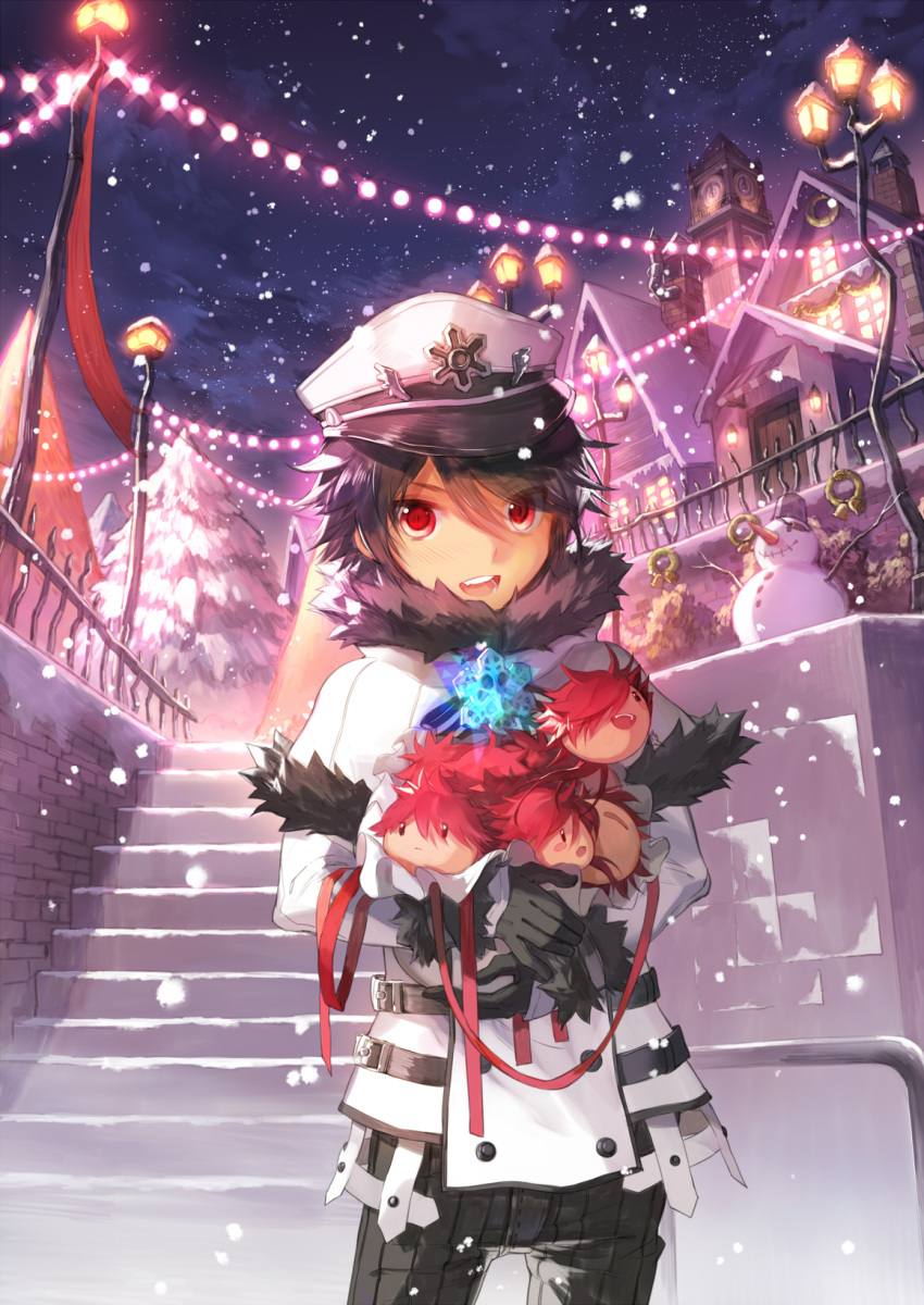 1boy black_hair clock clock_tower doll elsword elsword_(character) gloves highres light red_eyes scorpion5050 sky smile snow snowflakes snowman stairs tower tree