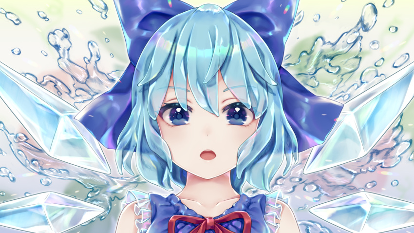 1girl :o adapted_costume bare_shoulders blue_bow blue_eyes blue_hair blue_wings bow cirno collarbone commentary_request dtvisu eyebrows_visible_through_hair frills hair_between_eyes hair_bow ice ice_wings looking_at_viewer open_mouth portrait red_neckwear red_ribbon ribbon short_hair sleeveless solo touhou water wings