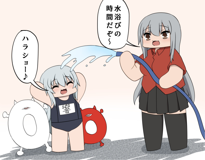 2boys black_legwear black_skirt blue_swimsuit blush bokota_(bokobokota) brown_eyes closed_mouth comic enemy_lifebuoy_(kantai_collection) eyebrows_visible_through_hair facial_scar gangut_(kantai_collection) grey_hair hibiki_(kantai_collection) hose kantai_collection long_hair miniskirt multiple_boys multiple_girls open_mouth red_shirt remodel_(kantai_collection) scar scar_on_cheek shirt silver_hair skirt swimsuit thigh-highs translation_request water