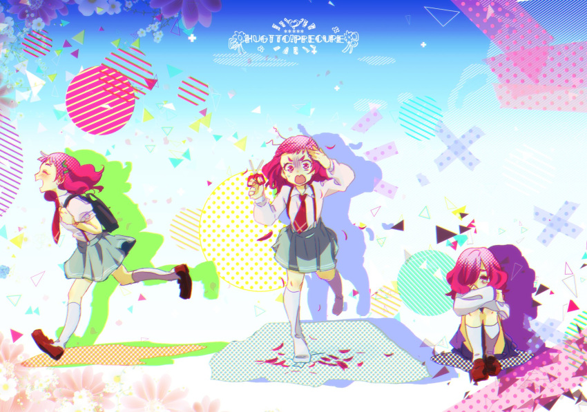 3girls ^_^ ^o^ backpack bag blush closed_eyes closed_eyes colored_shadow commentary copyright_name cutting_hair flower grey_skirt hair_ornament hair_over_one_eye happy highres hugtto!_precure knees_up l'avenir_academy_uniform loafers long_hair long_sleeves maruse_(hica_light) messy_hair multiple_girls necktie nono_hana open_mouth pink_eyes pink_hair pink_shirt polka_dot precure sad school_bag school_uniform scissors serafuku shadow shirt shoes sitting skirt smile socks surprised time_paradox