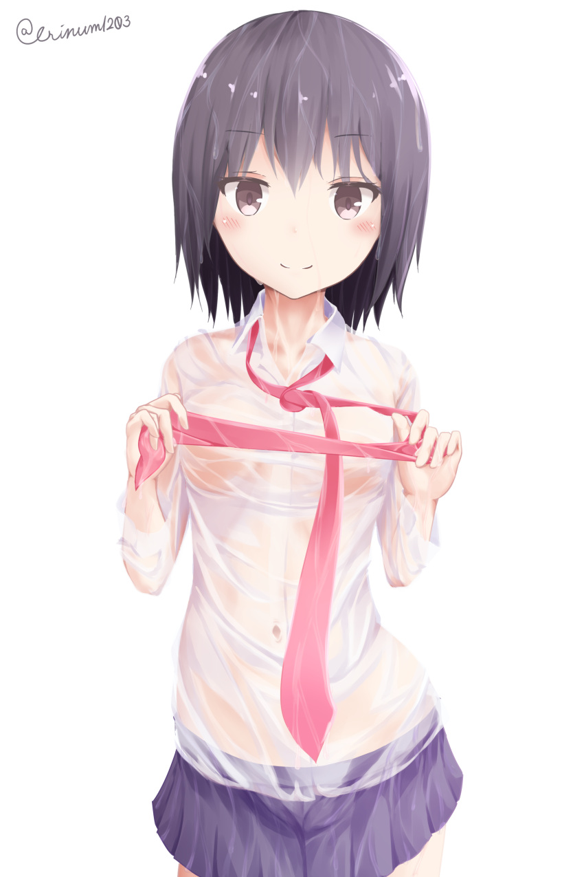 1girl absurdres bangs black_hair blue_skirt blush breasts brown_eyes closed_mouth collared_shirt commentary_request dress_shirt eyebrows_visible_through_hair hair_between_eyes hamayuu_(litore) highres necktie no_bra original pink_neckwear pleated_skirt see-through shirt skirt small_breasts smile solo wet wet_clothes wet_shirt white_shirt