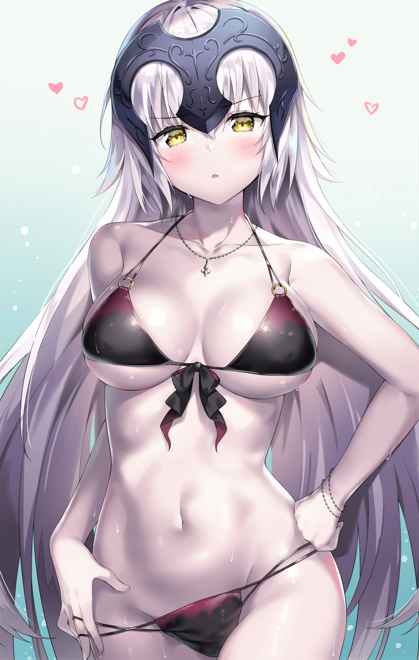 1girl absurdres ahoge ale_nqki bangs bare_shoulders bikini bikini_tug black_bikini blush bracelet breasts cleavage collarbone commentary_request cowboy_shot eyebrows_visible_through_hair fate/grand_order fate_(series) flying_heart front-tie_top groin hair_between_eyes hand_in_bikini hand_on_hip head_tilt headpiece highres jeanne_d'arc_(alter)_(fate) jeanne_d'arc_(fate)_(all) jewelry large_breasts long_hair looking_at_viewer medium_breasts multi-strapped_bikini navel necklace o-ring o-ring_top open_mouth pale_skin sidelocks silver_hair solo stomach swimsuit very_long_hair wet yellow_eyes