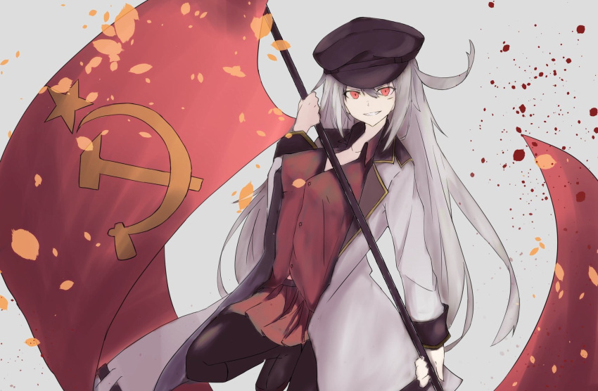 1_2_arnold 1girl breasts closed_mouth facial_scar flag gangut_(kantai_collection) grey_hair hair_between_eyes hat highres jacket kantai_collection large_breasts long_hair long_sleeves looking_at_viewer military military_hat military_uniform naval_uniform peaked_cap red_eyes red_shirt scar scar_on_cheek shirt simple_background smile solo soviet soviet_flag star uniform white_jacket