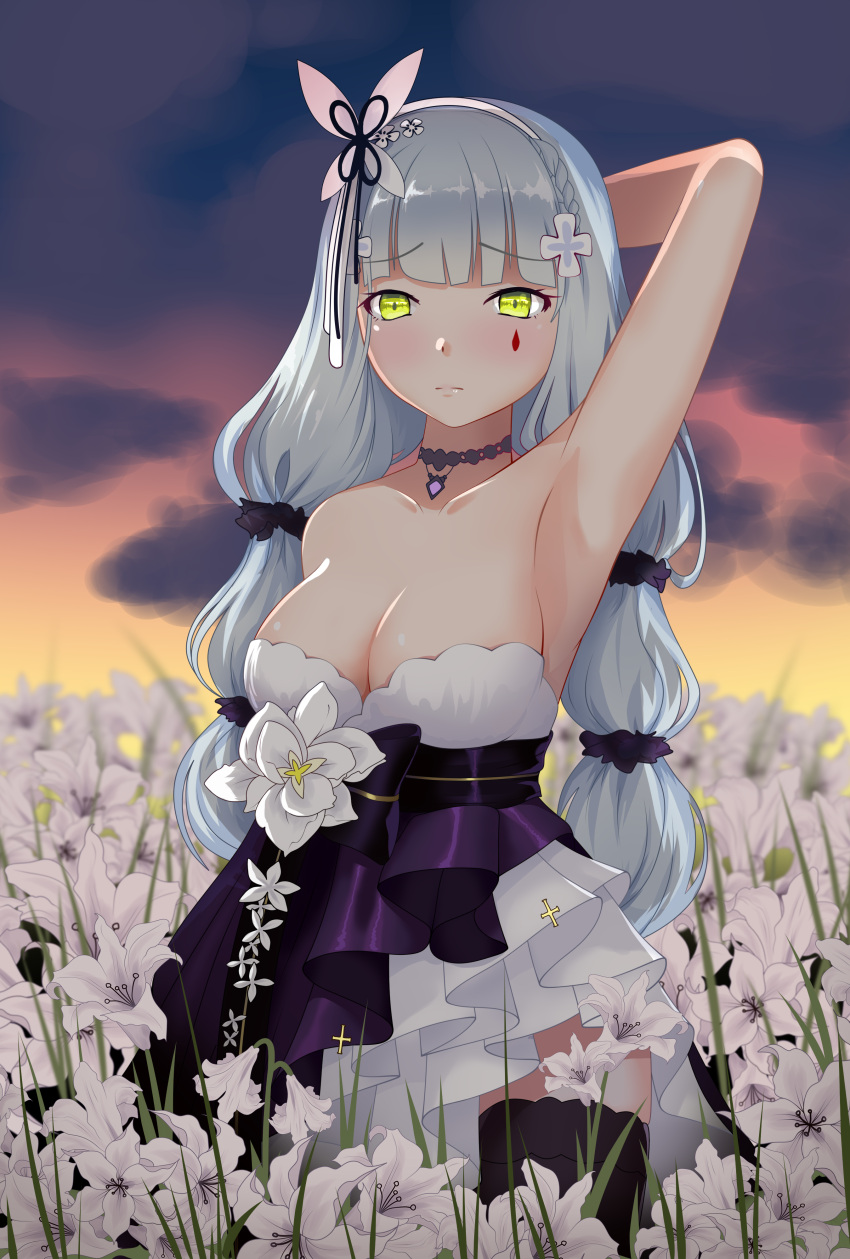 1girl absurdres alternate_costume alternate_hairstyle arm_behind_back arm_behind_head armpits bangs bare_arms bare_shoulders black_bow black_choker black_gloves black_legwear blunt_bangs blush bow breasts choker cleavage collarbone dress evening expressionless facial_mark field finn_flint floating_hair flower flower_field girls_frontline gloves green_eyes hair_flower hair_ornament hair_ribbon hairband hand_up highres hk416_(girls_frontline) layered_dress long_hair looking_at_viewer medium_breasts multi-tied_hair outdoors ribbon silver_hair solo standing strapless strapless_dress teardrop thigh-highs very_long_hair white_flower white_hairband white_ribbon