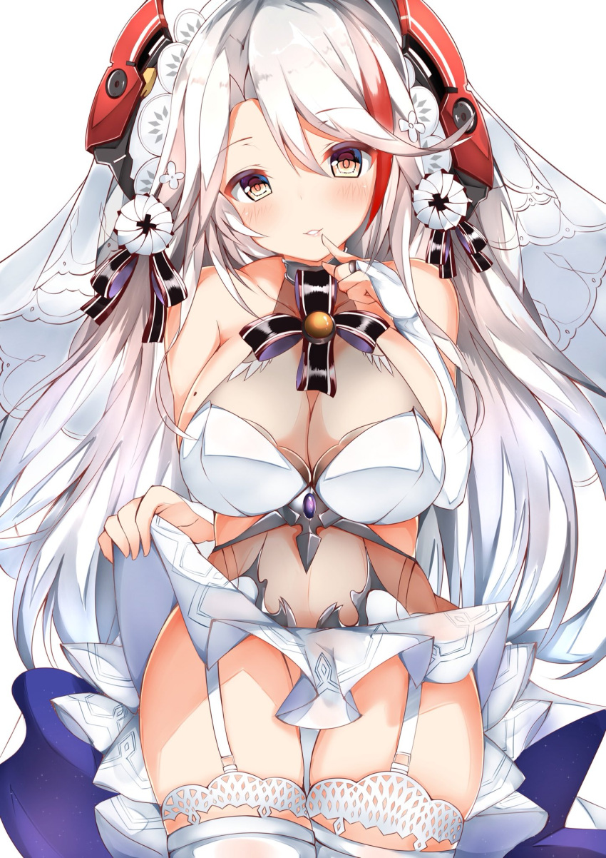 1girl alternate_costume azur_lane bangs bare_shoulders blush breasts bridal_gauntlets bridal_veil choker collarbone commentary cowboy_shot dress dress_lift eyebrows_visible_through_hair finger_to_mouth flower garter_straps gloves groin hair_between_eyes hair_flower hair_ornament head_tilt headgear highres large_breasts lifted_by_self long_hair looking_at_viewer mole mole_on_breast multicolored_hair mutou_(94753939) parted_lips prinz_eugen_(azur_lane) redhead see-through sidelocks silver_hair skindentation smile solo streaked_hair swept_bangs thigh-highs thighs two_side_up veil very_long_hair wedding_dress white_dress white_gloves white_legwear