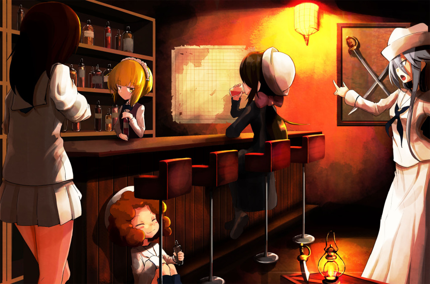 bar black_hair blonde_hair bottle bow bowtie closed_eyes cutlass_(girls_und_panzer) cutlass_(sword) drinking flint_(girls_und_panzer) girls_und_panzer hair_bow hat highres jinguu_(4839ms) lantern long_skirt maid_headdress map miniskirt murakami_(girls_und_panzer) ogin_(girls_und_panzer) ooarai_naval_school_uniform redhead rum_(girls_und_panzer) sailor_hat silver_hair sitting sitting_on_floor skirt stool yellow_eyes