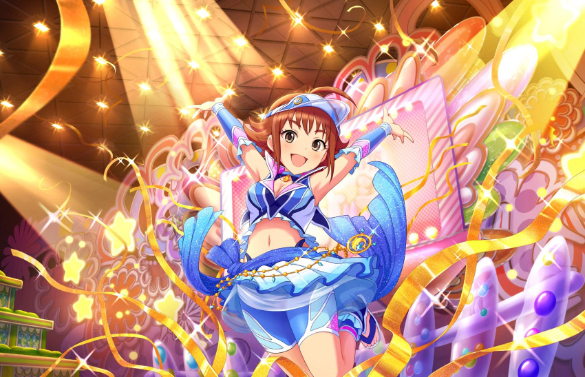 1girl ahoge alternate_costume arms_up artist_request bike_shorts brown_eyes brown_hair dolphin eyelashes flip-flops flipped_hair highres idolmaster idolmaster_cinderella_girls idolmaster_cinderella_girls_starlight_stage midriff nishijima_kai official_art sandals short_hair smile solo source_request sparkle visor_cap