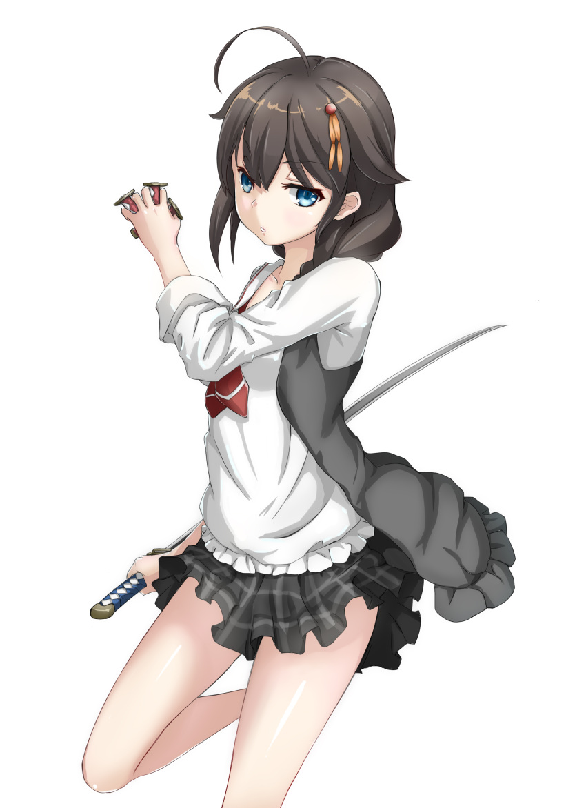 1girl absurdres ahoge blue_eyes braid brown_hair collarbone eyebrows_visible_through_hair grey_skirt hair_between_eyes hair_over_one_eye highres holding holding_sword holding_weapon kantai_collection katana leg_up long_hair looking_at_viewer miniskirt misheteyalu parted_lips pleated_skirt ponytail red_neckwear shigure_(kantai_collection) shiny shiny_hair shirt simple_background single_braid skirt solo standing standing_on_one_leg sword weapon white_background white_shirt
