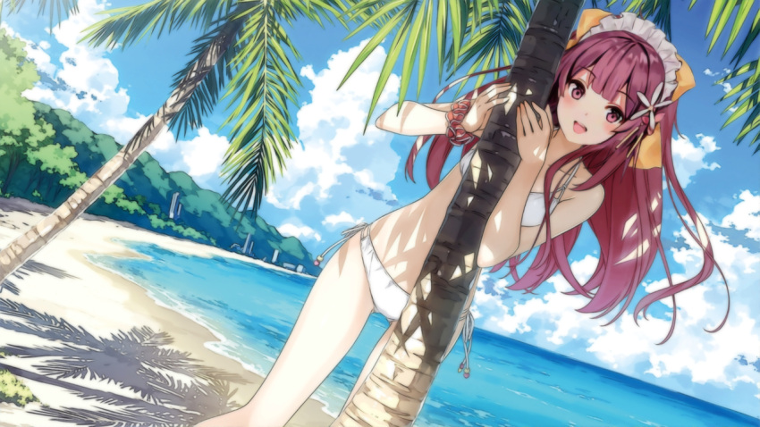 alternate_costume beach bikini blush breasts clouds cloudy_sky derivative_work eyebrows_visible_through_hair forest kamikaze_(kantai_collection) kantai_collection long_hair looking_at_viewer maid maid_cap nature ocean open_mouth outdoors palm_tree pink_eyes pink_hair rosemarry_1911 sky small_breasts swimsuit tree underwear undressing white_swimsuit