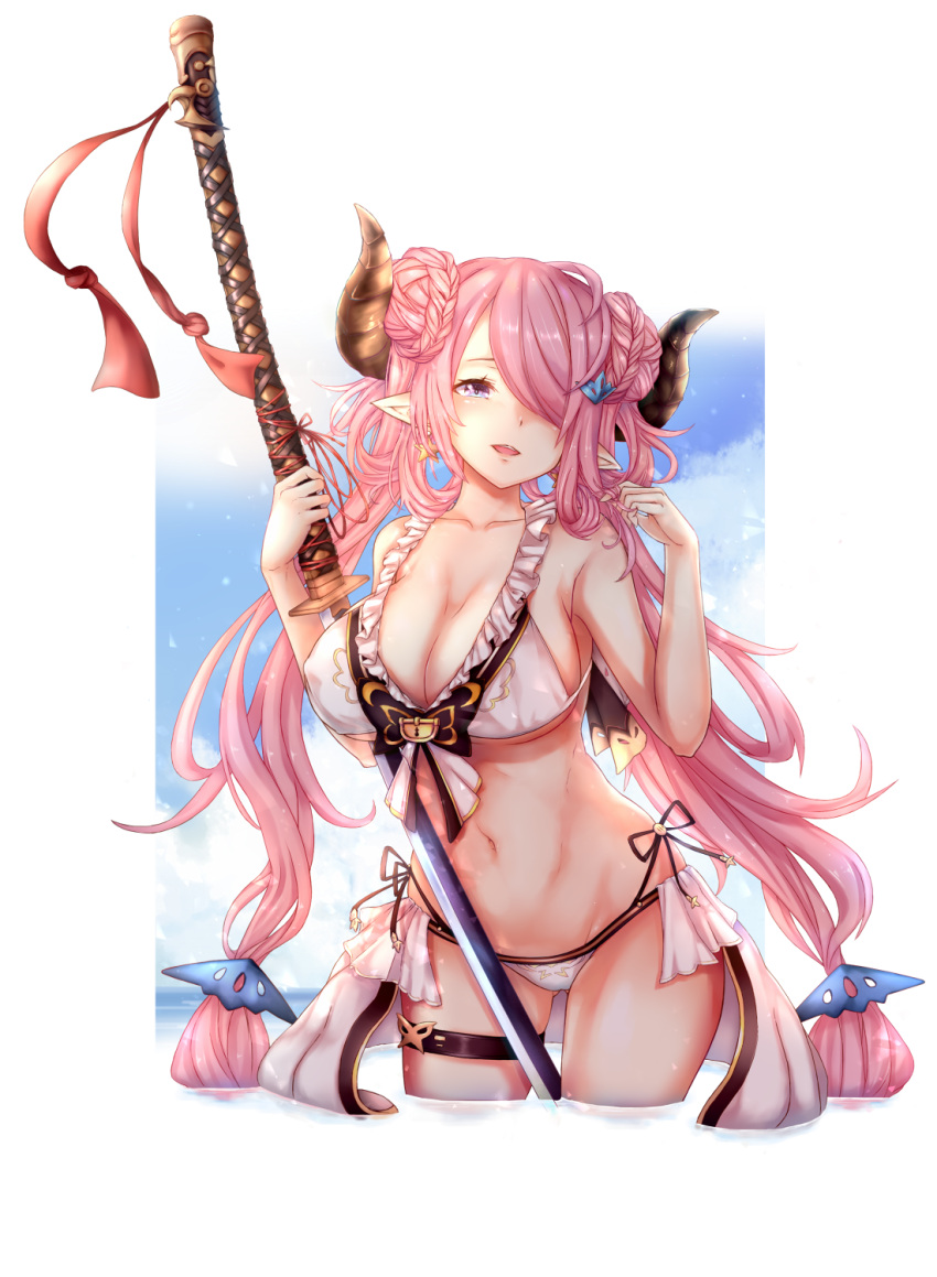1girl bikini blue_eyes blush braid breasts chicami clouds collarbone day double_bun draph earrings frilled_bikini frills gluteal_fold granblue_fantasy groin hair_twirling head_tilt highres holding holding_sword holding_weapon horns jewelry katana large_breasts long_hair looking_at_viewer narmaya_(granblue_fantasy) navel outdoors parted_lips pink_hair pointy_ears sky smile solo standing star star_earrings swimsuit sword thigh_strap transparent_background twintails very_long_hair water weapon white_bikini