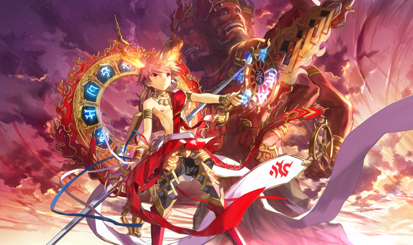 1boy armored_boots boots circle double-blade elsword elsword_(character) fire flame highres huge_weapon red_eyes runes scorpion5050 shirtless sky sword tagme weapon