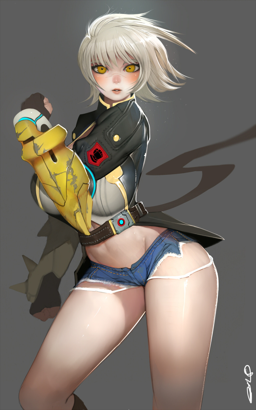 1girl arm_guards armor bangs belt blazblue blazblue:_chronophantasma blush breasts bullet_(blazblue) denim denim_shorts facing_viewer fingerless_gloves gloves high_collar highres jacket large_breasts looking_at_viewer midriff navel parted_lips randy_(awesomevillage) scar short_hair short_shorts shorts silver_hair solo standing thighs waist yellow_eyes