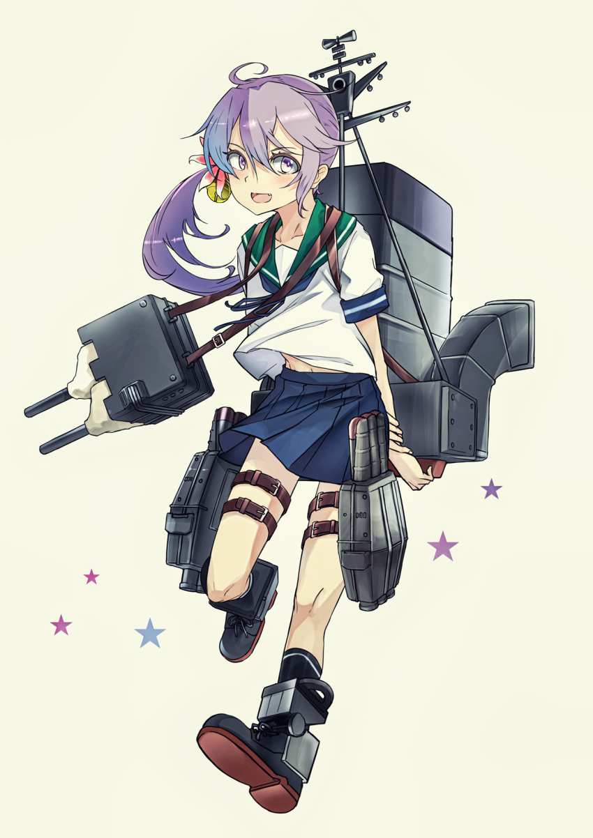 1girl akebono_(kantai_collection) beige_background bell black_legwear blue_skirt cannon flower full_body green_sailor_collar hair_bell hair_flower hair_ornament highres jingle_bell kantai_collection kneehighs long_hair looking_at_viewer machinery mast open_mouth pleated_skirt purple_hair sailor_collar school_uniform serafuku short_sleeves side_ponytail skirt smile smokestack solo star starry_background turret umoo_futon very_long_hair violet_eyes