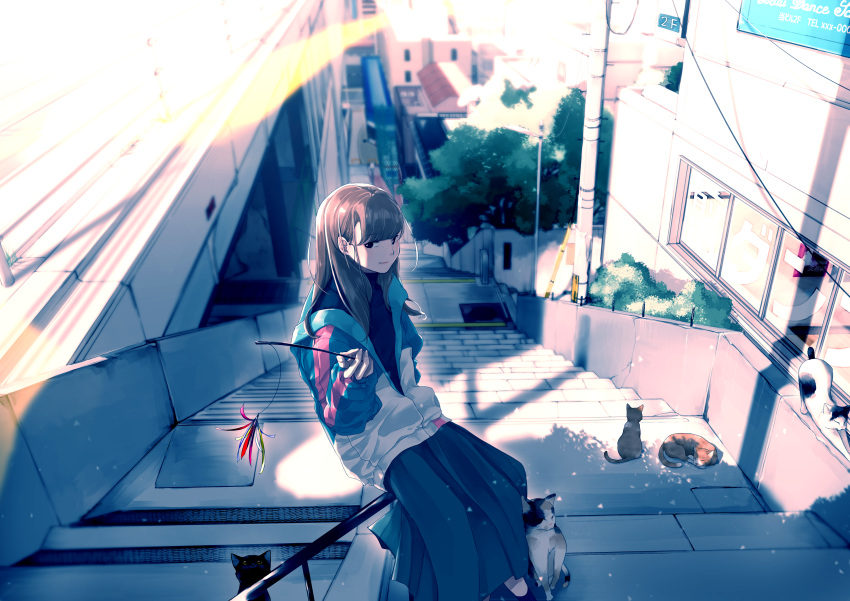 1girl absurdres bangs black_cat black_eyes blurry blurry_background brown_hair cable cat cat_teaser cityscape closed_mouth day eyebrows_visible_through_hair from_side hand_in_pocket hand_up highres holding jacket lamppost long_hair long_skirt long_sleeves maeda_mic original partially_unzipped railing scenery shadow sign sitting sitting_on_railing skirt smile solo stairs stretch sunlight swept_bangs tail telephone_pole tree window