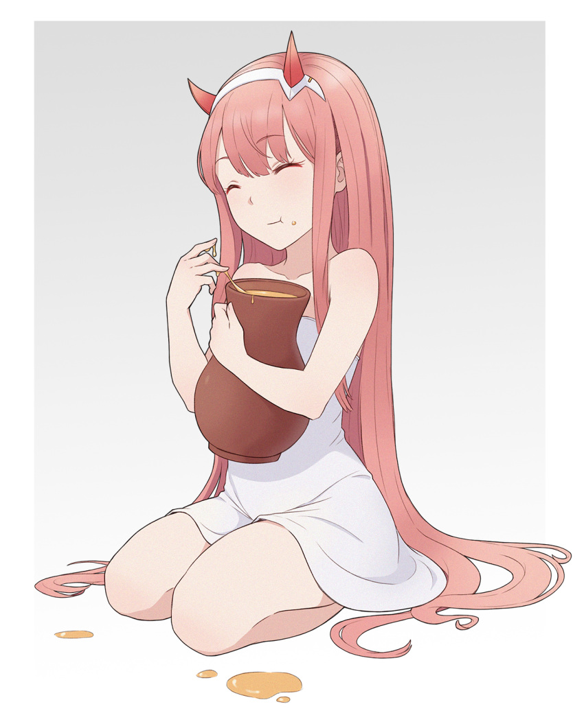 1girl :t ^_^ bare_shoulders cheshirrr closed_eyes closed_eyes darling_in_the_franxx dress eating eyebrows_visible_through_hair gradient gradient_background grey_background hairband highres honey horns long_hair pink_hair red_horns sitting solo wariza white_dress white_hairband zero_two_(darling_in_the_franxx)