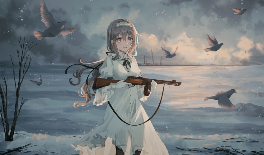 1girl :d animal bare_tree bird black_legwear breasts chihuri clouds cloudy_sky commentary_request crane dress gloves grey_eyes gun hairband highres holding holding_gun holding_weapon long_hair long_sleeves looking_at_viewer open_mouth original outdoors overcast pantyhose silver_hair sky small_breasts smile snow solo standing tree very_long_hair weapon white_dress white_gloves white_hairband wide_sleeves