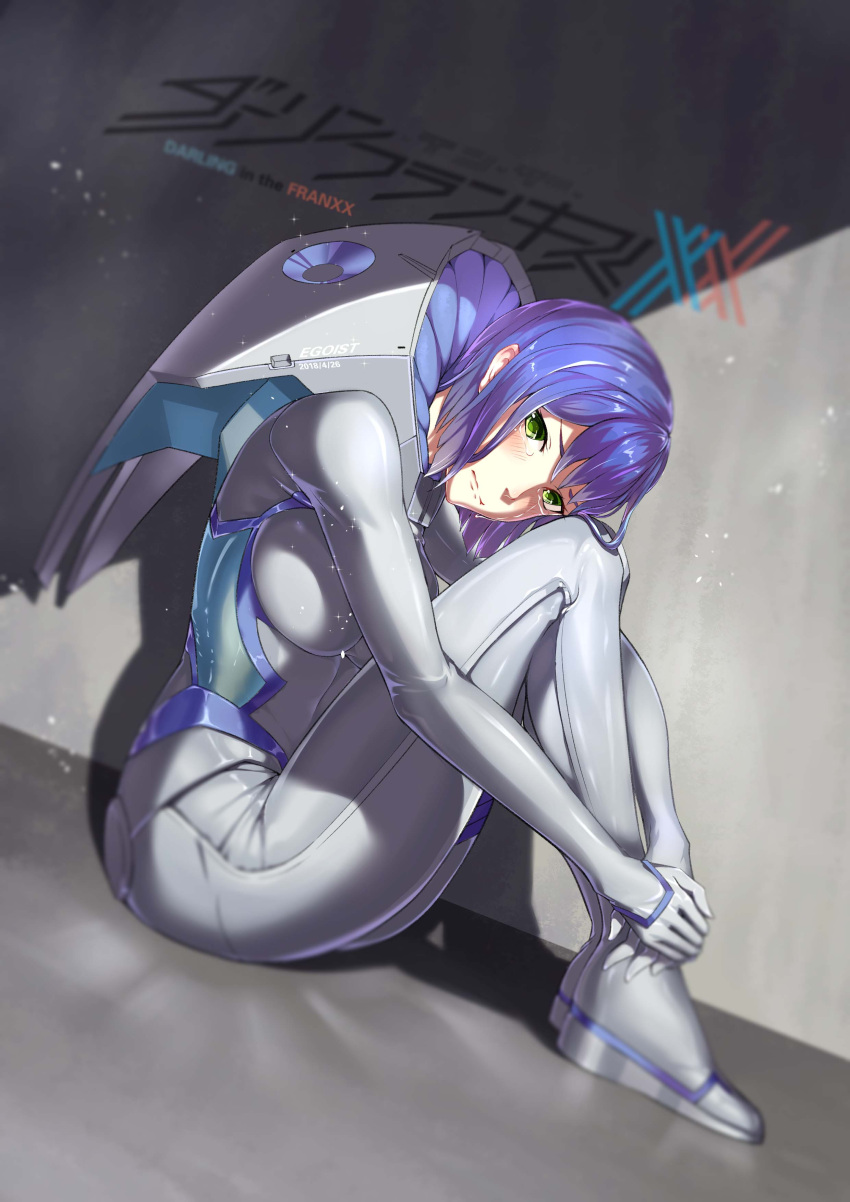 1girl absurdres blue_hair blush bodysuit breasts darling_in_the_franxx egoist-001 green_eyes highres ichigo_(darling_in_the_franxx) large_breasts leg_hug legs legs_up logo looking_at_viewer pilot_suit short_hair sitting solo tears thighs