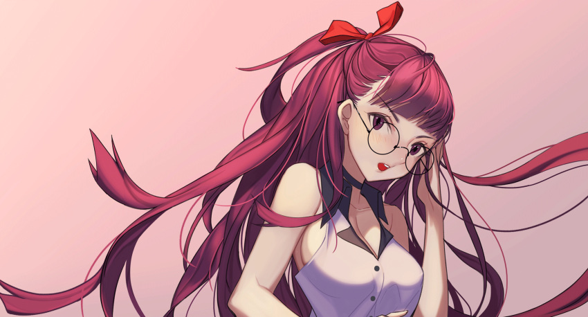 1girl alternate_costume bangs bare_shoulders black-framed_eyewear blouse blush breasts choker cleavage collarbone collared_blouse eyebrows_visible_through_hair floating_hair girls_frontline hair_ribbon half_updo hand_on_eyewear head_tilt highres large_breasts long_hair looking_at_viewer one_side_up open_mouth purple_background purple_hair red_eyes ribbon round_eyewear samsoon simple_background sleeveless_blouse solo upper_body very_long_hair wa2000_(girls_frontline) wind wing_collar