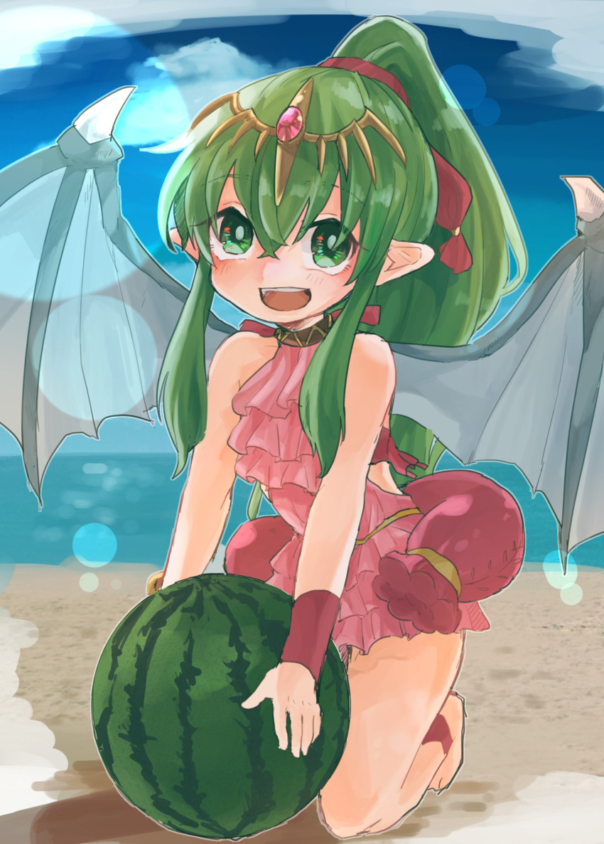 1girl beach blue_sky chiki day dragon_wings fire_emblem fire_emblem:_mystery_of_the_emblem fire_emblem_heroes food fruit green_eyes green_hair hair_ribbon highres long_hair mamkute matumuraaaa open_mouth pink_swimsuit pointy_ears ponytail red_ribbon ribbon sky solo swimsuit tiara watermelon wings