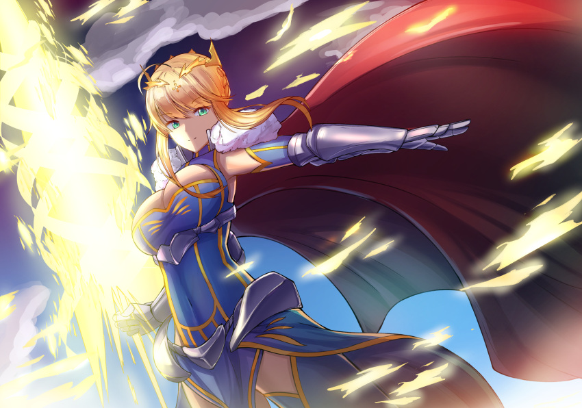 1girl absurdres ahoge armor armored_dress artoria_pendragon_(all) artoria_pendragon_(lancer) blonde_hair blue_gloves breasts cape cleavage cow-ring crown dress elbow_gloves energy fate/grand_order fate_(series) fur_trim gloves glowing glowing_weapon green_eyes highres holding holding_weapon lance large_breasts looking_at_viewer mature outdoors polearm red_cape rhongomyniad shoulder_armor solo weapon