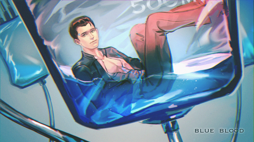1boy ahoge android blue_blood brown_eyes brown_hair connor_(detroit) detroit:_become_human expressionless feet_up hair_slicked_back hand_on_own_chest intravenous_drip liquid looking_at_viewer male_focus open_clothes open_shirt pt. solo