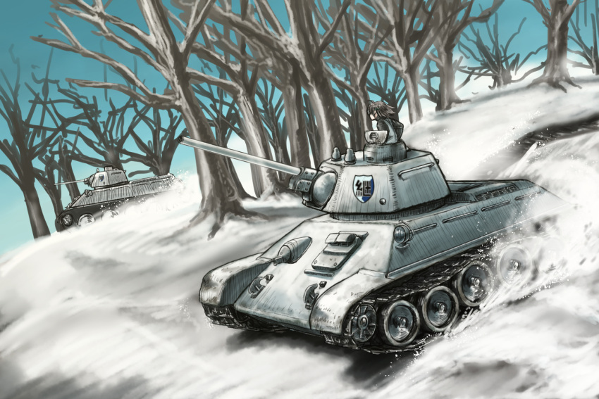 1girl black_hair blackmore_rainbow caterpillar_tracks day emblem girls_und_panzer ground_vehicle keizoku_(emblem) keizoku_military_uniform military military_vehicle motor_vehicle short_hair snow t-34 tank tree