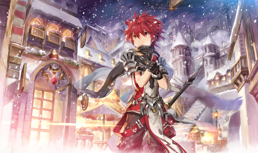armor elsword elsword_(character) gloves light lord_knight_(elsword) red_eyes redhead santa_claus scarf scorpion5050 shoulder_armor snow snowing stairs sword sword_hilt town weapon