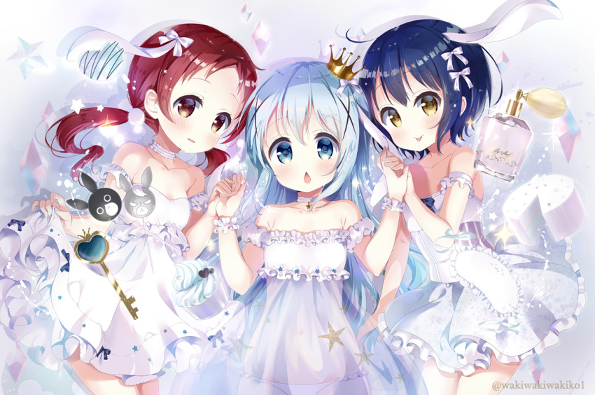 3girls anko_(gochiusa) bangs blue_eyes blue_hair blush bow breasts brown_eyes chestnut_mouth chimame-tai commentary_request crown dress eyebrows_visible_through_hair frilled_dress frills girl_sandwich gochuumon_wa_usagi_desu_ka? hair_between_eyes hair_bow hair_ornament hand_holding heart jouga_maya kafuu_chino key long_hair looking_at_viewer low_twintails mini_crown multiple_girls natsu_megumi neki_(wakiko) panties parted_lips redhead ribbon sandwiched see-through small_breasts smile strapless strapless_dress tippy_(gochiusa) twintails twitter_username underwear very_long_hair white_bow white_dress white_panties white_ribbon wild_geese