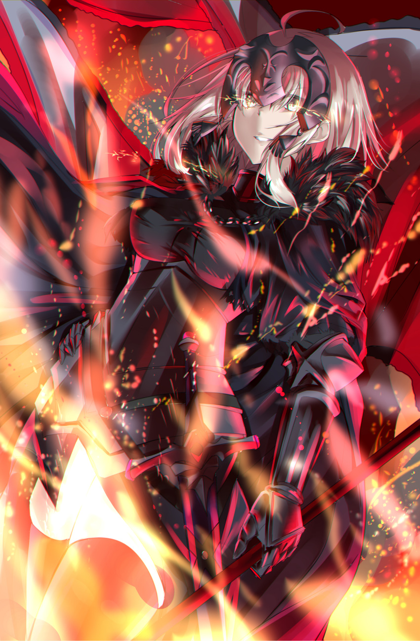 1girl absurdres ahoge armor armored_dress black_dress breasts chains dorashieru dress eyebrows_visible_through_hair fate/grand_order fate_(series) faulds flag fur_trim gauntlets headpiece highres holding holding_flag holding_weapon jeanne_d'arc_(alter)_(fate) jeanne_d'arc_(fate) jeanne_d'arc_(fate)_(all) polearm silver_hair weapon yellow_eyes