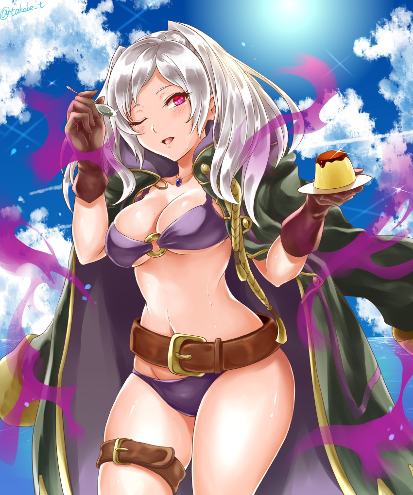 1girl absurdres aura belt bikini blue_sky breasts brown_gloves cape clouds dark_aura day female_my_unit_(fire_emblem:_kakusei) fire_emblem fire_emblem:_kakusei fire_emblem_heroes food gimurei gloves highres holding holding_spoon large_breasts my_unit_(fire_emblem:_kakusei) one_eye_closed open_mouth plate pudding red_eyes sky solo spoon swimsuit takobe thigh_strap twintails twitter_username white_hair