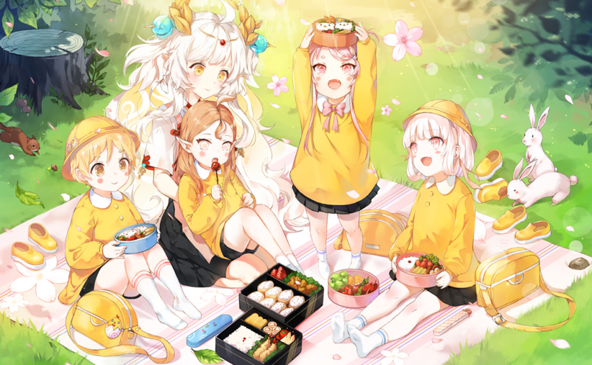 5girls :d animal arms_up bag bangs black_skirt blonde_hair blush blush_stickers brown_eyes closed_mouth collared_shirt commentary copyright_request day eyebrows_visible_through_hair fang flower food grass hat holding holding_food kindergarten_bag kindergarten_uniform kneehighs light_brown_hair long_hair long_sleeves multiple_girls no_shoes obentou open_mouth outdoors petals picnic pink_flower pink_hair pleated_skirt pointy_ears rabbit school_hat shade shirt shoes shoes_removed short_sleeves sitting skirt smile socks squirrel standing thick_eyebrows tree_stump very_long_hair white_hair white_legwear white_shirt yellow_eyes yellow_footwear yellow_hat yellow_shirt yumaomi