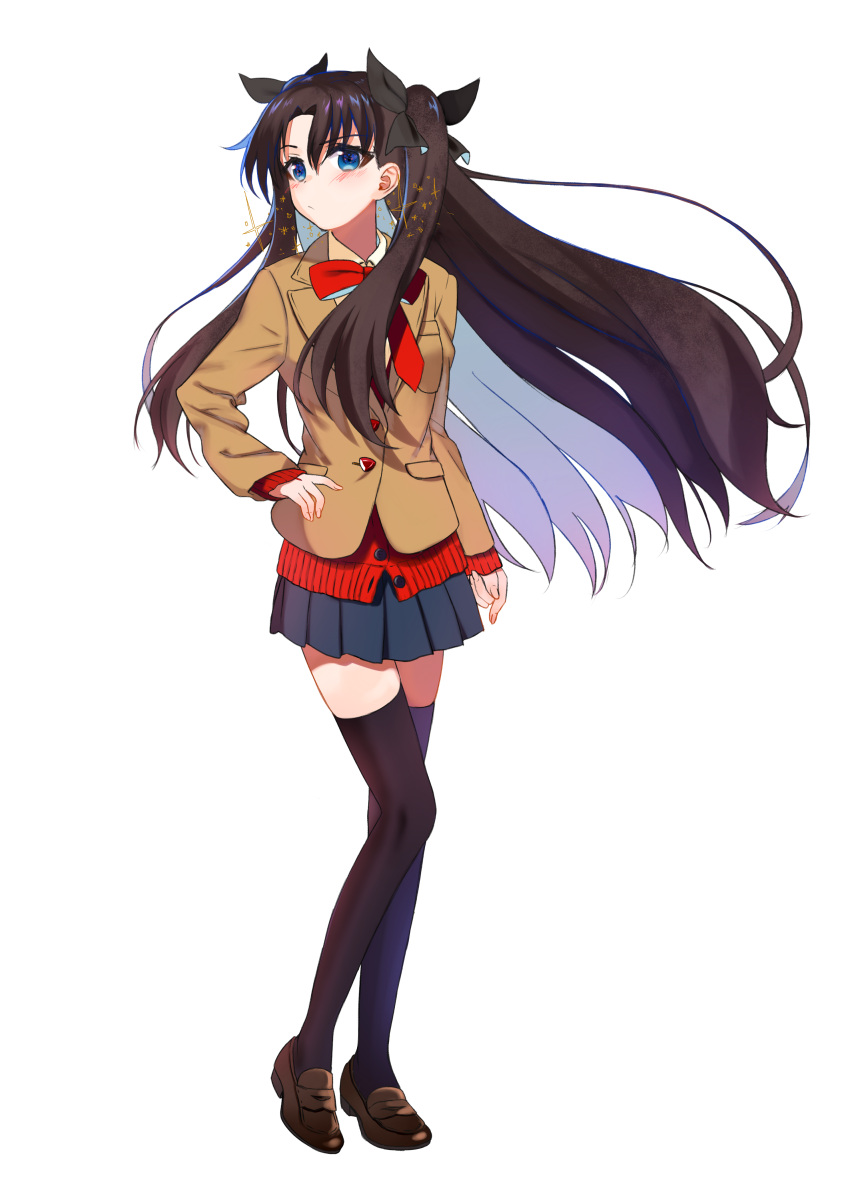 1girl absurdres black_hair black_legwear black_ribbon blue_eyes blush bow bowtie brown_footwear brown_jacket fate/stay_night fate_(series) floating_hair full_body grey_skirt hair_between_eyes hair_ribbon hand_on_hip highres jacket loafers long_hair looking_at_viewer minatoasu miniskirt pleated_skirt red_bow ribbon school_uniform shoes simple_background skirt solo standing thigh-highs tohsaka_rin twintails very_long_hair white_background zettai_ryouiki