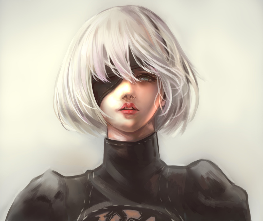 1girl absurdres bangs black_blindfold black_dress blindfold blue_eyes commentary_request dress eyelashes grey_background hair_between_eyes highres juliet_sleeves long_sleeves looking_at_viewer nier_(series) nier_automata parted_lips puffy_sleeves red_lips short_hair silver_hair simple_background solo turtleneck_dress upper_body yafura yorha_no._2_type_b