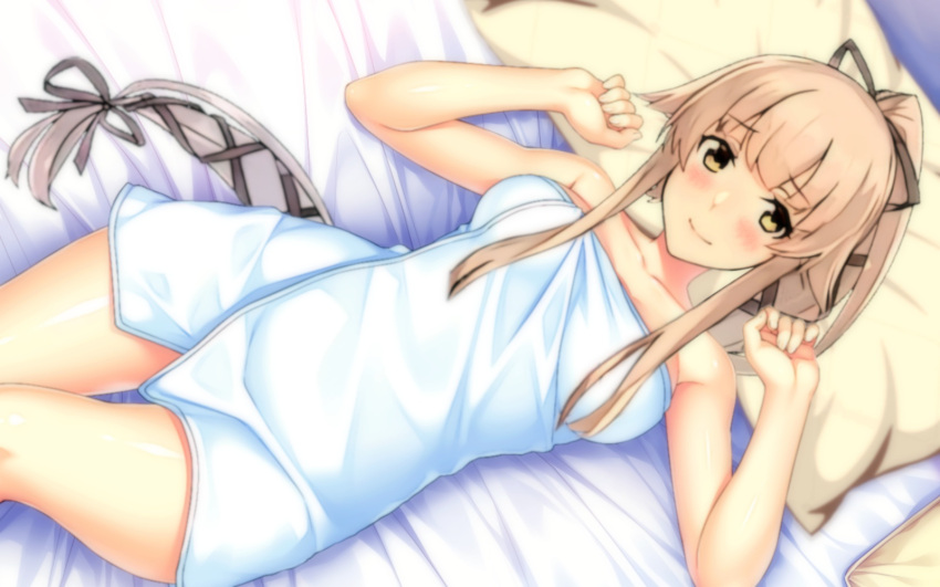 bed bedroom blush breasts derivative_work eyebrows_visible_through_hair highres kantai_collection long_hair looking_at_viewer lupin_dive pillow pink_hair ponytail rosemarry_1911 small_breasts towel underwear undressing very_long_hair yellow_eyes yura_(kantai_collection)