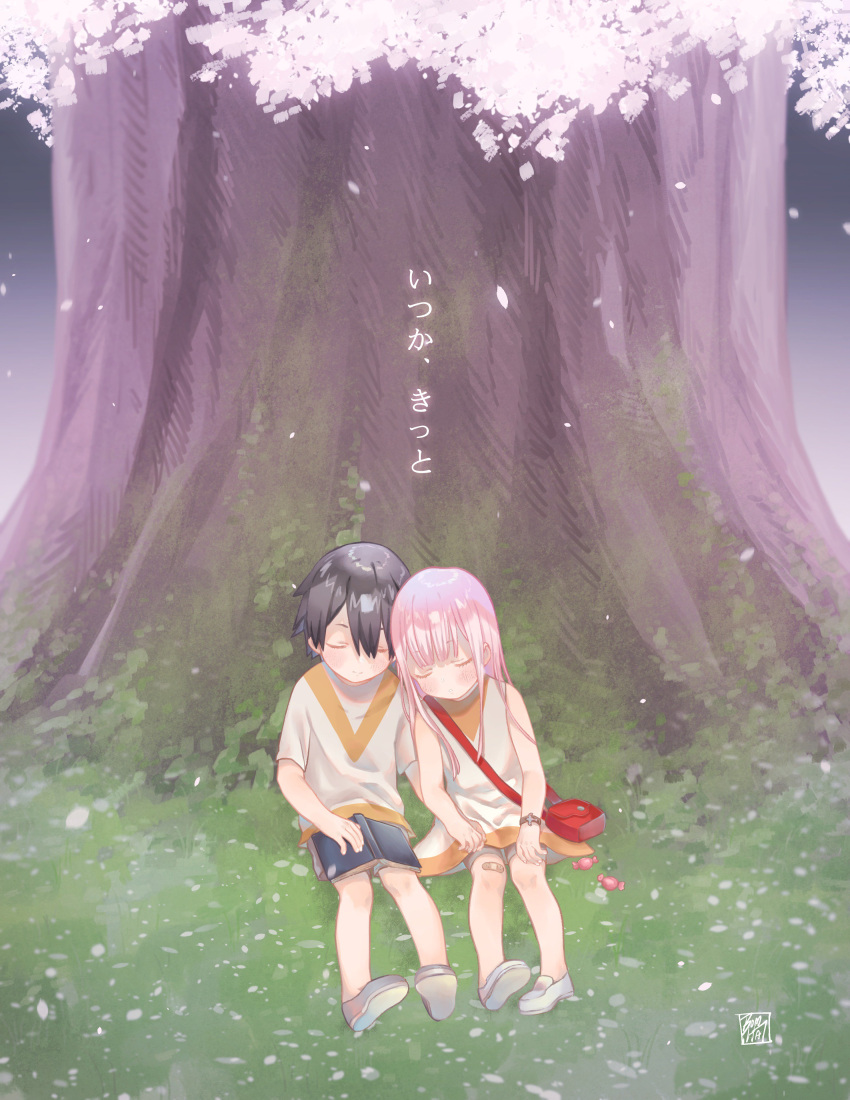 1boy 1girl absurdres bag bandaid bandaid_on_knee bare_shoulders black_hair bomhat book book_on_lap bracelet candy cherry_blossoms closed_eyes commentary_request couple darling_in_the_franxx dress food grass hand_holding handbag hetero highres hiro_(darling_in_the_franxx) jewelry long_hair no_socks open_book petals pink_hair reincarnation shirt shoes short_hair short_sleeves sitting sleeping sleeping_on_person sleeveless sleeveless_dress translated tree white_dress white_footwear white_shirt younger zero_two_(darling_in_the_franxx)
