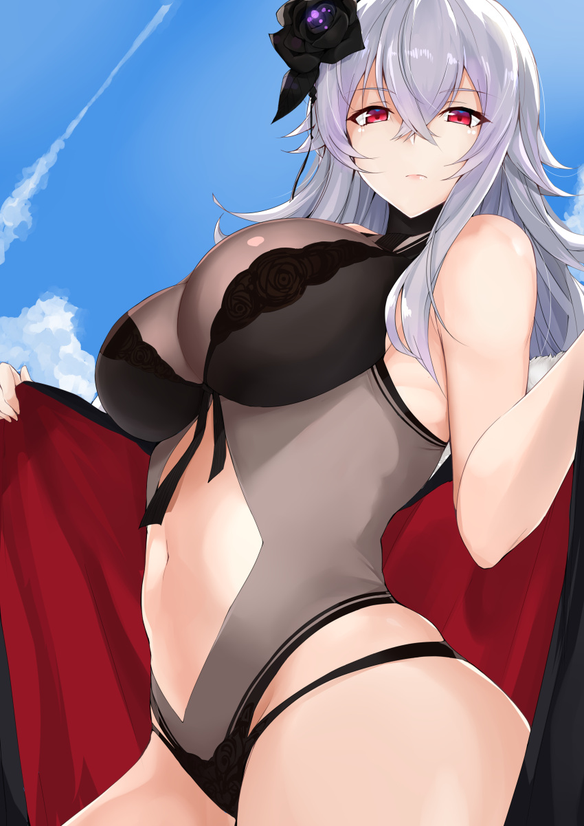 1girl absurdres azur_lane black_swimsuit breasts cleavage clouds flower flower_ornament from_below frown graf_zeppelin_(azur_lane) hair_flower hair_ornament highres large_breasts long_hair looking_down maruya1006 midriff navel navel_cutout one-piece_swimsuit outdoors red_eyes serious shiny shiny_hair shiny_skin silver_hair sky solo stomach swimsuit towel