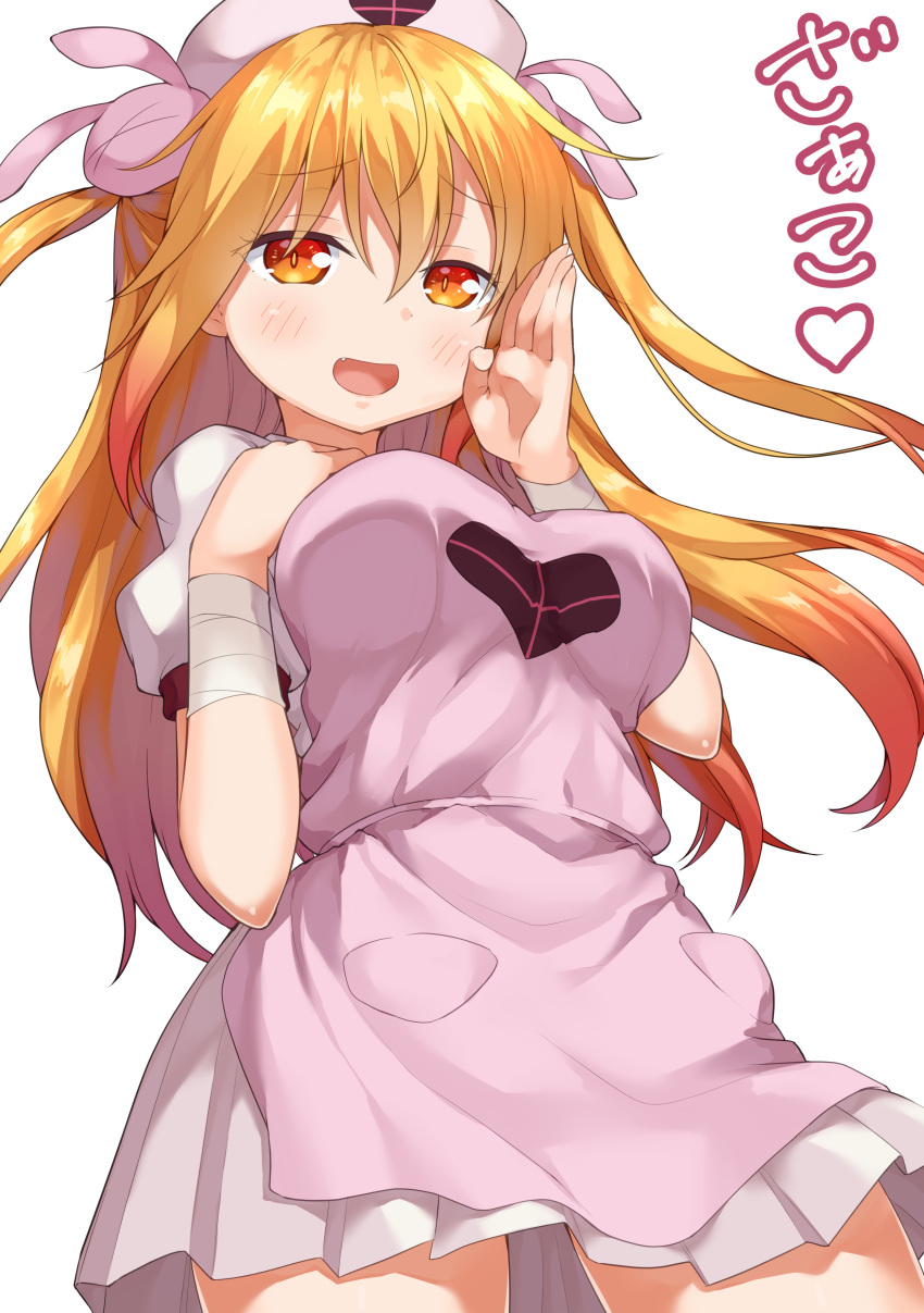 1girl :d absurdres apron bandage bandaged_arm bandages blonde_hair commentary_request cosplay eyebrows_visible_through_hair eyes_visible_through_hair fang gradient_hair hair_between_eyes hat heart highres kobayashi-san_chi_no_maidragon long_hair looking_at_viewer miyabi_(miyabeeya) multicolored_hair natori_sana natori_sana_(cosplay) nurse_cap open_mouth orange_eyes orange_hair pink_apron puffy_short_sleeves puffy_sleeves sana_channel short_sleeves simple_background smile solo tooru_(maidragon) translation_request two_side_up white_background