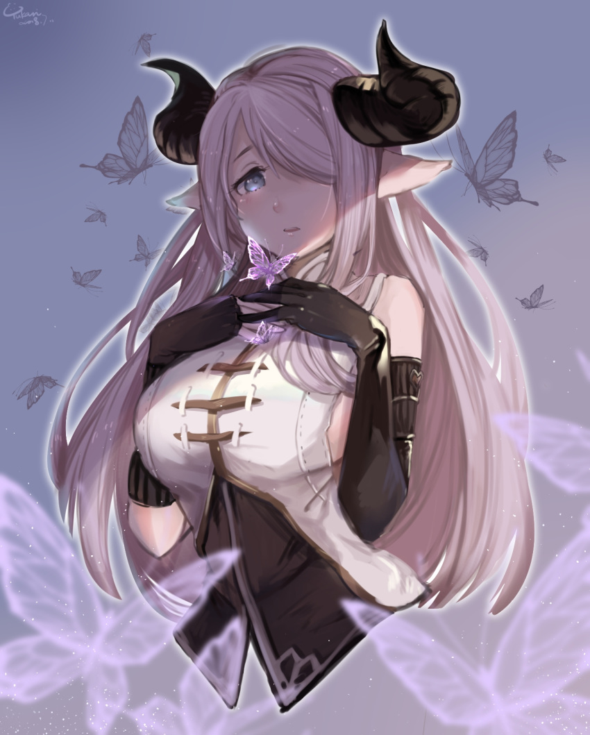 1girl blue_eyes breast_suppress bug butterfly cropped_torso draph gradient gradient_background granblue_fantasy hair_over_one_eye head_tilt highres horns insect lavender_hair long_hair looking_at_viewer narmaya_(granblue_fantasy) outline own_hands_together parted_lips signature solo white_outline yukari_lauruant
