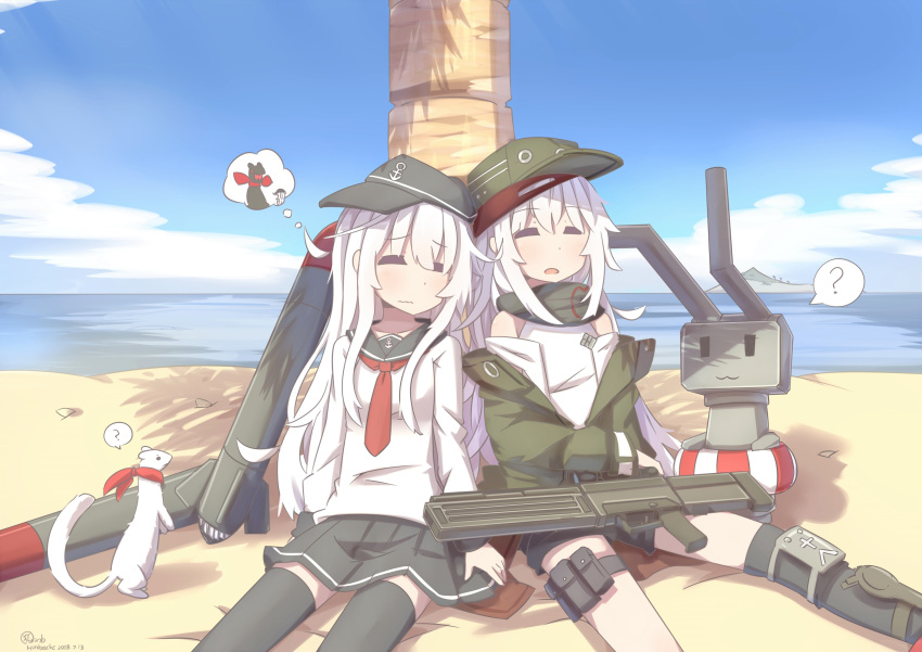 =_= ? absurdres assault_rifle bangs beach blue_sky closed_eyes closed_mouth clouds day dreaming eyebrows_visible_through_hair ferret flat_cap frown g11 g11_(girls_frontline) girls_frontline gun hair_between_eyes hat hibiki_(kantai_collection) highres hinbackc jacket kantai_collection long_hair long_sleeves multiple_girls ocean open_clothes open_mouth outdoors palm_tree rensouhou-chan rifle sand scarf scarf_on_head school_uniform serafuku shade shirt shorts shoulder_cutout signature silver_hair single_knee_pad skirt sky sleeping sleeping_upright thigh-highs thigh_pouch thigh_strap torpedo tree very_long_hair weapon
