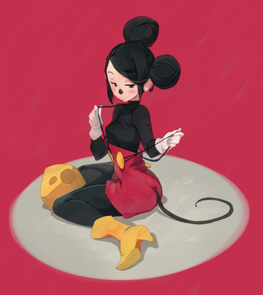 1girl animal_ears black_eyes black_legwear boots cheese closed_mouth commentary disney english_commentary food genderswap genderswap_(mtf) gloves highres long_sleeves mickey_mouse mouse_ears mouse_tail pantyhose red_background simple_background sitting smile solo suspenders tail white_gloves xavier_houssin yellow_footwear