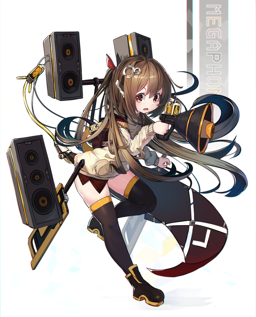 1girl backpack bag bangs black_footwear black_legwear boots brown_eyes brown_hair cable commentary_request eyebrows_visible_through_hair hair_between_eyes hair_ornament hair_ribbon headgear highres holding long_hair long_sleeves looking_at_viewer mecha_musume megaphone natori_youkai open_mouth original red_ribbon ribbon round_teeth shirt solo speaker standing standing_on_one_leg teeth thigh-highs upper_teeth very_long_hair white_shirt