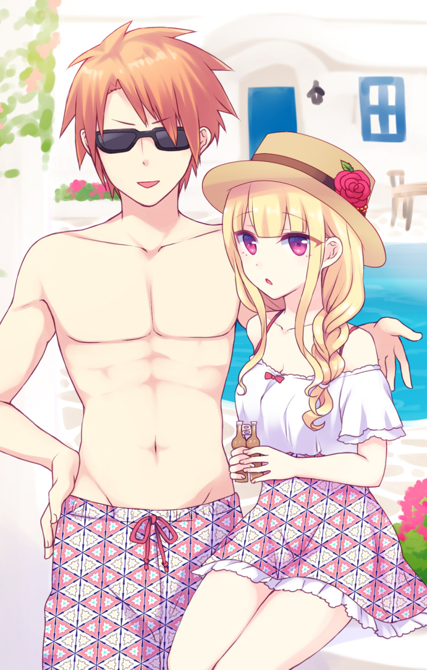 1boy 1girl :d bangs bare_shoulders black-framed_eyewear blonde_hair brown_hair collarbone commentary_request day eyebrows_visible_through_hair facing_viewer fingernails flower groin gucchiann hand_on_hip hat hat_flower highres holding long_hair looking_at_viewer male_swimwear navel off-shoulder_shirt open_mouth original outdoors parted_lips red_flower red_rose rose shirt shirtless short_sleeves sitting skirt smile standing sunglasses swim_trunks swimwear v-shaped_eyebrows violet_eyes water white_shirt