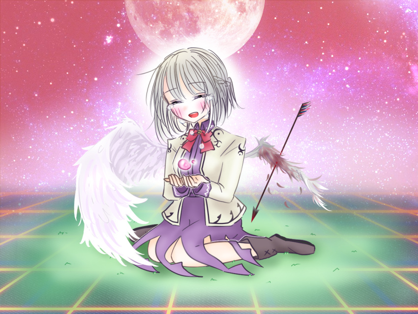 angel_wings arrow_(projectile) blob blush boots bow bowtie braid brown_footwear crying dream_soul dress feathered_wings french_braid full_moon grey_hair injury jacket kirby_(tiokirby) kishin_sagume moon purple_dress red_bow red_bowtie suit_jacket touhou white_wings wings