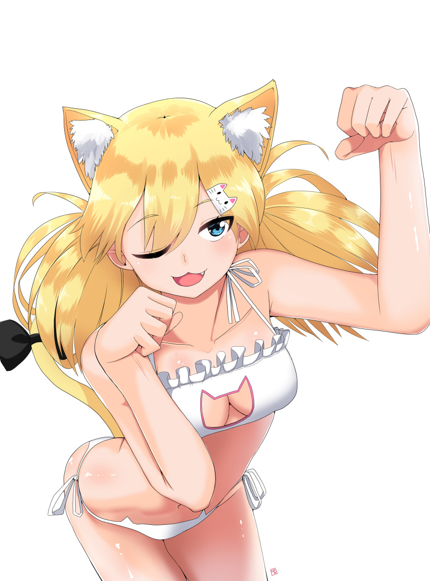 1girl absurdres animal_ears ass bangs bare_shoulders blonde_hair blue_eyes blush bra breasts capoki cat_cutout cat_ears cat_hair_ornament cat_lingerie cleavage cleavage_cutout collarbone eyebrows_visible_through_hair fang girls_frontline hair_between_eyes hair_ornament hairclip highres idw_(girls_frontline) long_hair looking_at_viewer meme_attire navel one_eye_closed open_mouth panties paw_pose ribbon shiny shiny_skin side-tie_panties smile solo stomach tail thighs twintails underwear underwear_only