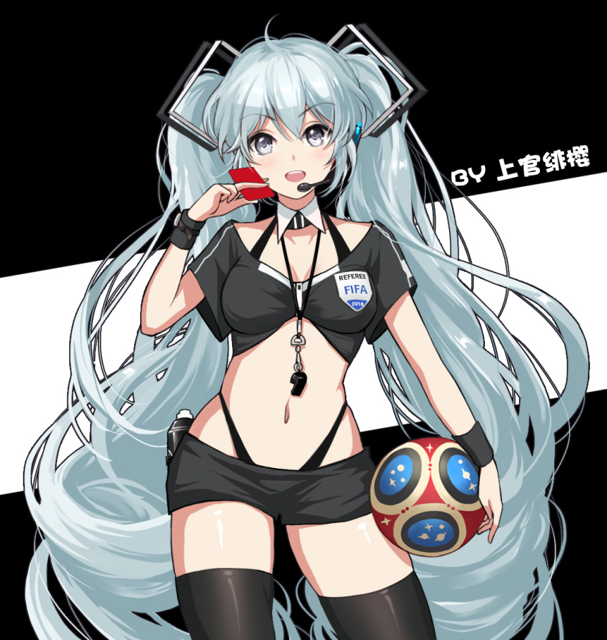 1girl 2018_fifa_world_cup alternate_costume ball bikini black_background black_bikini black_legwear black_shirt black_shorts blue_eyes blush breasts card chinese_commentary cleavage commentary_request cowboy_shot crop_top detached_collar eyebrows_visible_through_hair grey_eyes hair_between_eyes hand_up hatsune_miku headset highleg highleg_bikini holding holding_ball holding_card long_hair looking_at_viewer medium_breasts midriff navel shangguan_feiying shiny shiny_skin shirt short_shorts short_sleeves shorts skindentation soccer soccer_ball solo standing stomach swimsuit thigh-highs thighs twintails two-tone_background very_long_hair vocaloid whistle white_background world_cup wristband